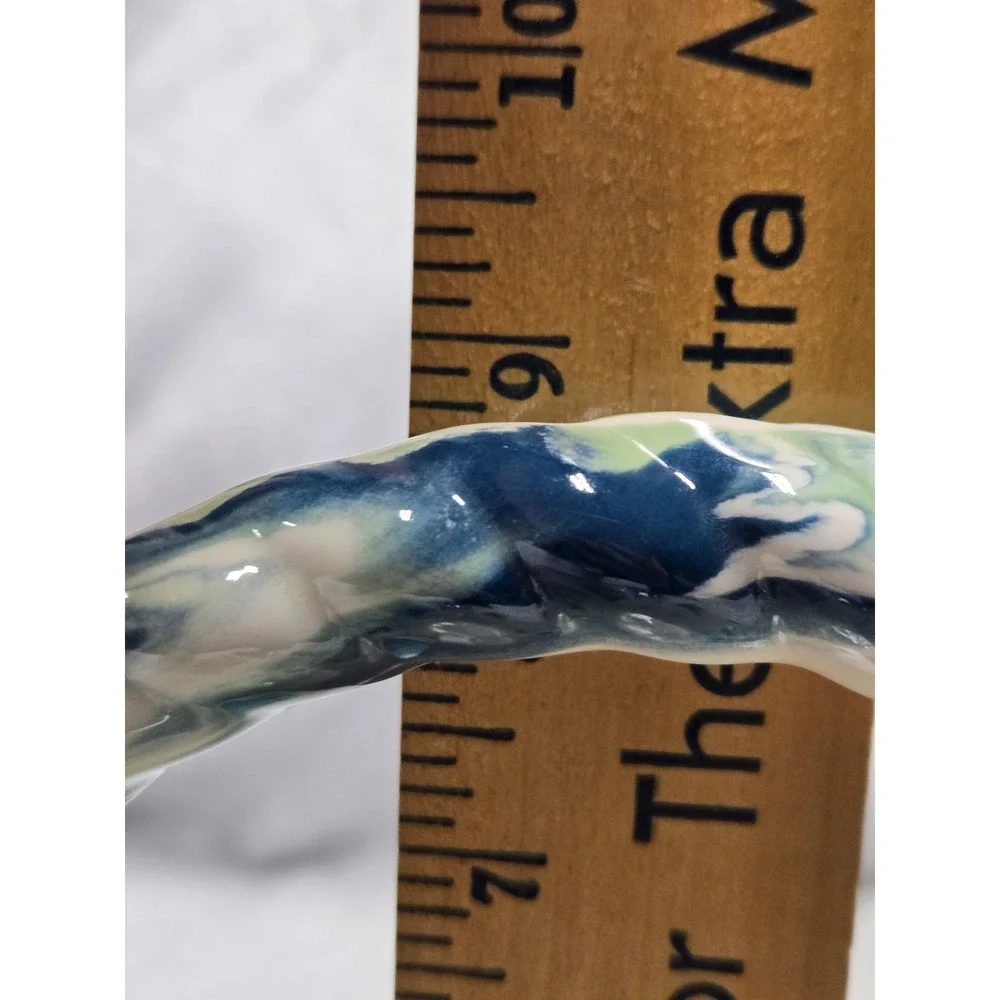 Vintage Signed Ceramic Marbled Blue Green Swirl Woven Basket Twisted Handle